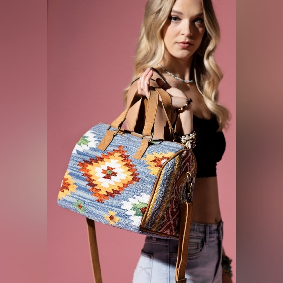 Handmade Boho Chic Satchel / Boston Bag - Navajo Aztec Inspired Design - Picture 3 of 14